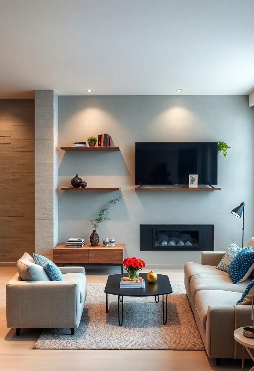 Floating Shelves: Pair your wall-mounted TV with floating shelves nearby, creating a stylish display for your favorite books and decorative pieces, enhancing both functionality and aesthetics
