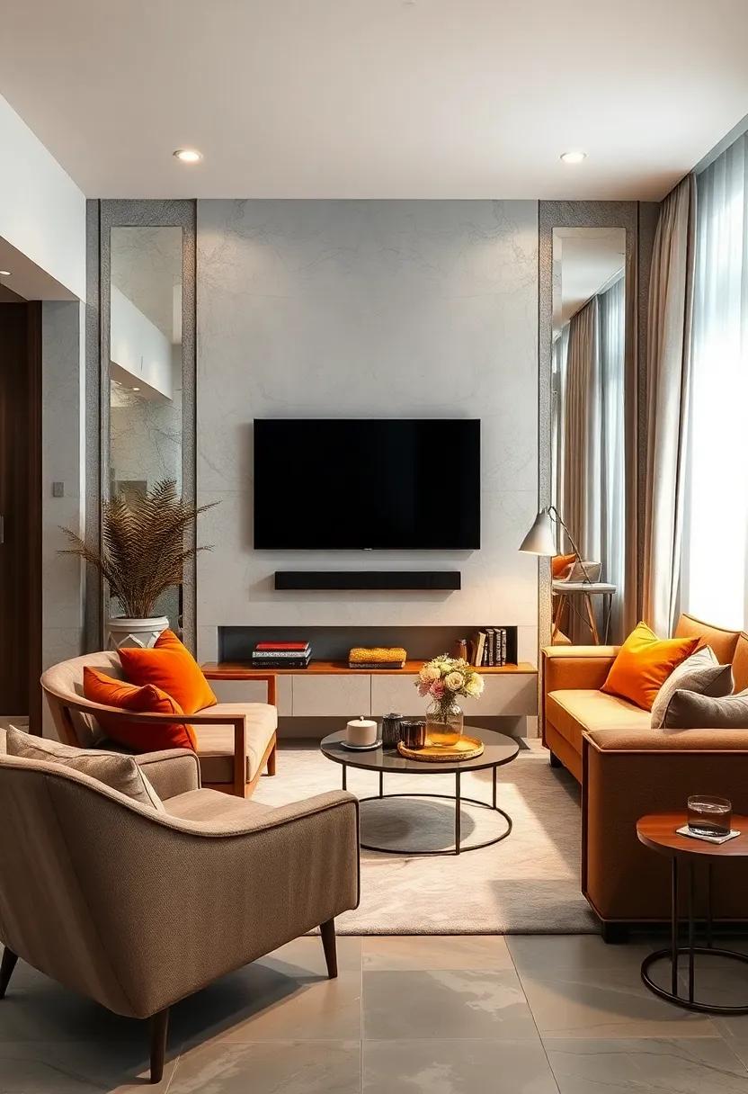 Mirrored Walls: Use mirrored accents near your wall-mounted TV to reflect light and create the illusion of a larger space, elevating both style and ambiance