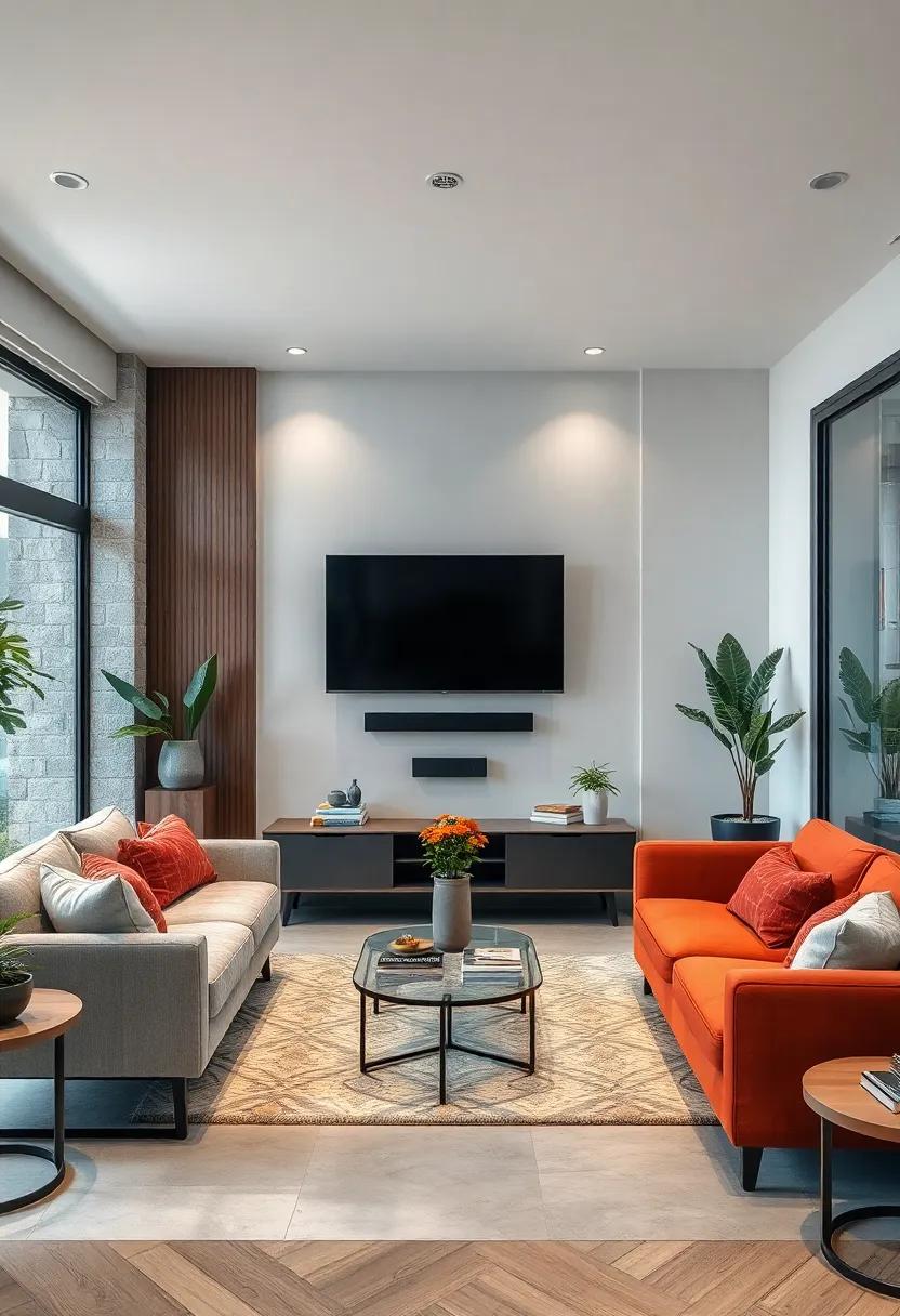 Non-Traditional Layout: Experiment with non-linear furniture arrangements around your wall-mounted TV, creating dynamic sightlines that make your small living room feel expansive