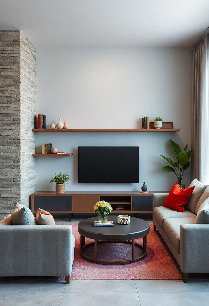 Open Shelving: Utilize open shelving next to your wall-mounted TV for easy access to your favorite media without sacrificing style, maintaining a light and airy feel