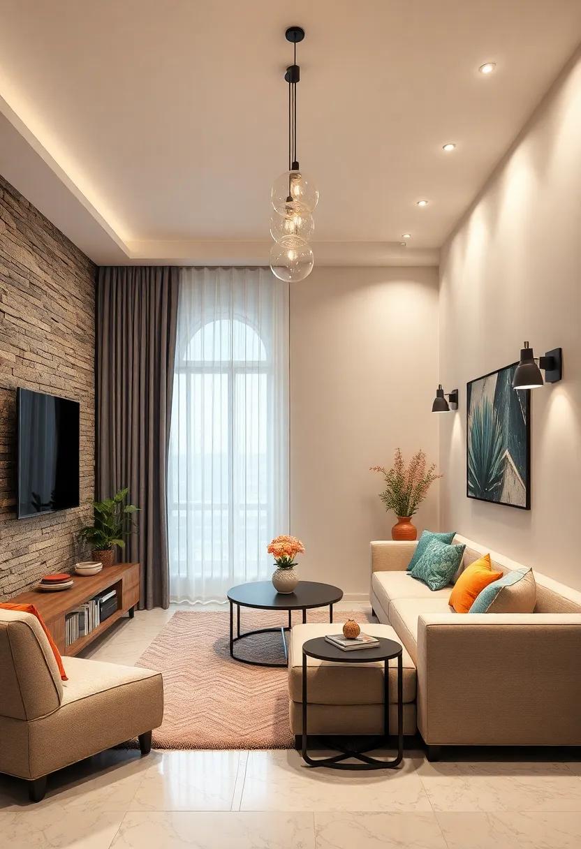 Pendant Lighting: Hang stylish pendants or sconces near your wall-mounted TV to provide ambient lighting, adding warmth and inviting comfort to your space