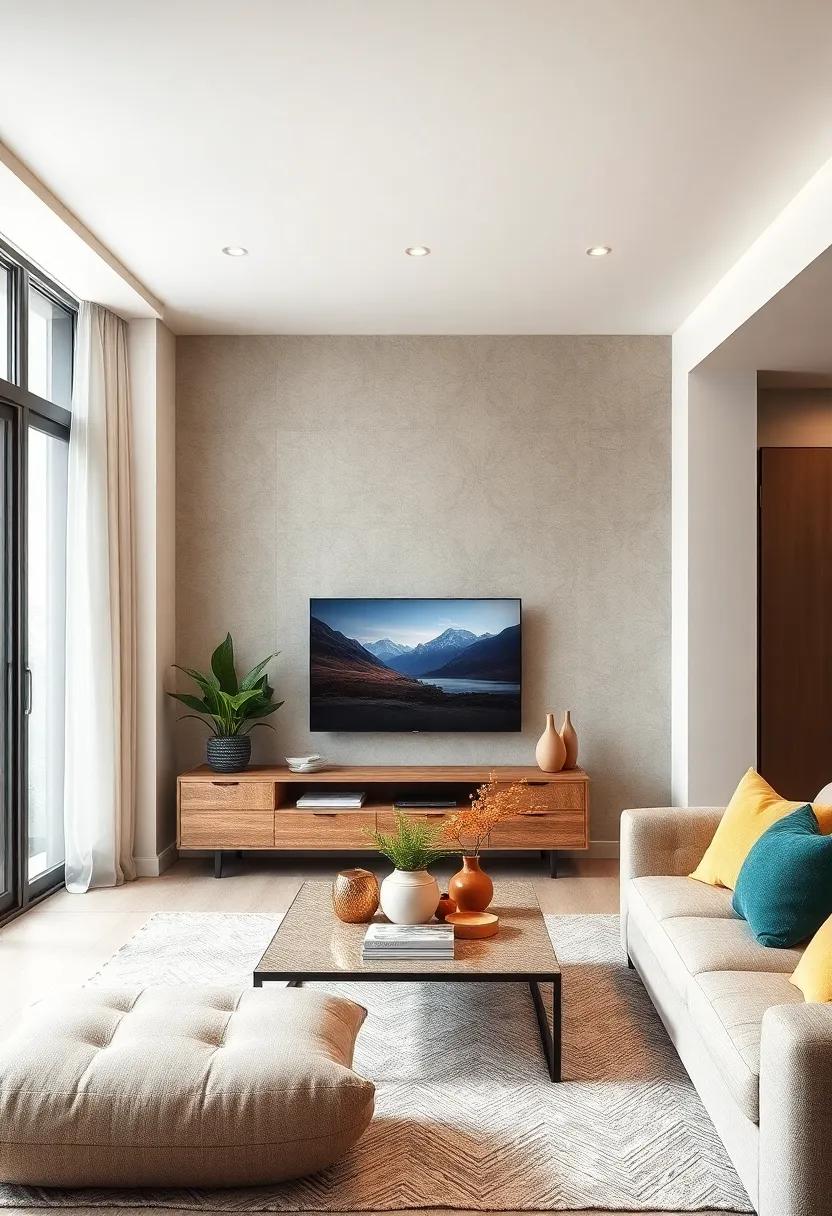 Seasonal Decor: Refresh your space seasonally by changing the decor around your wall-mounted TV, allowing your small living room to stay stylish and inviting year-round