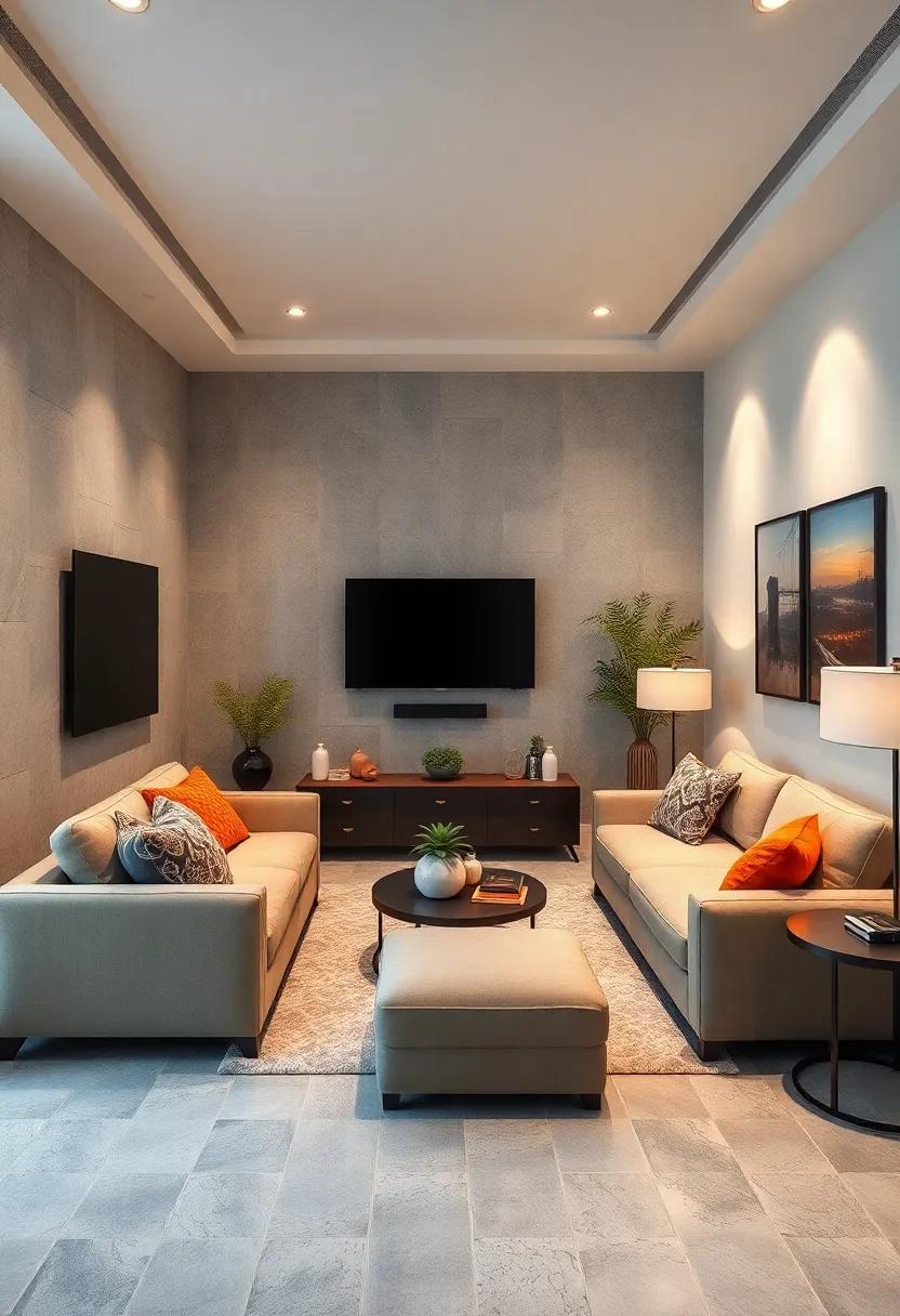 Sectional Sofas: Choose a sectional sofa that wraps around the living room, providing ample seating while directing focus toward your wall-mounted TV