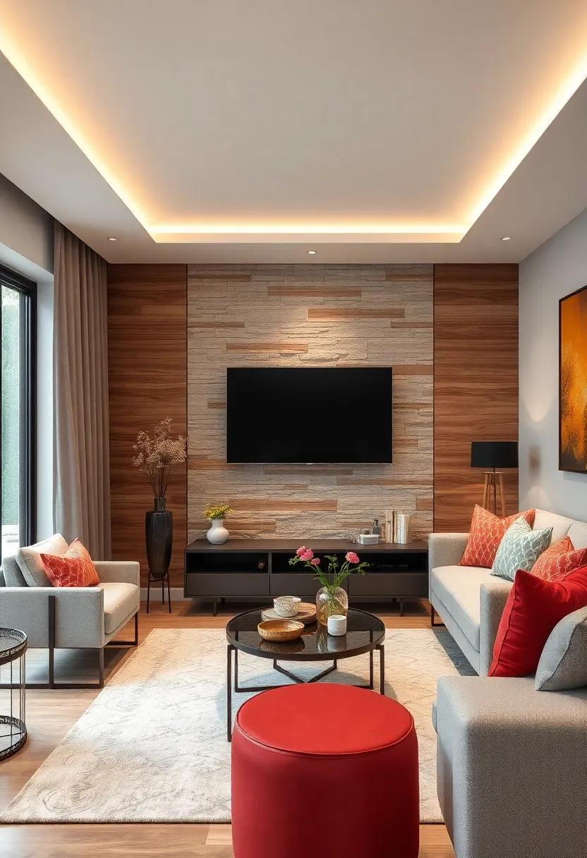 Textured Wall Treatments: Add texture to your space by using wood paneling or stone accents behind your wall-mounted TV, giving depth and warmth to the overall design