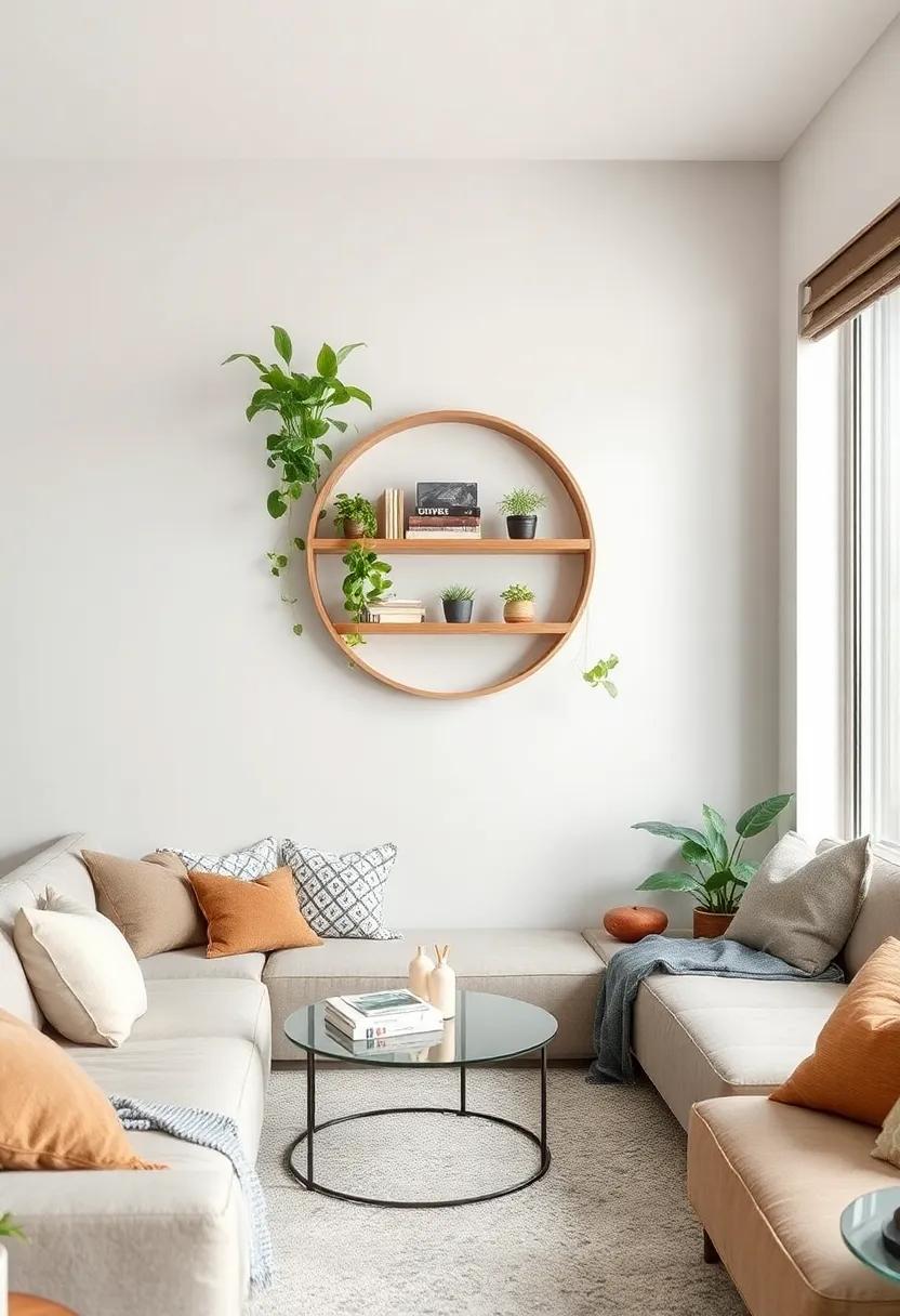 A Cozy Corner: Discover how a round floating shelf can elegantly display plants ‌and books, making​ the most of⁣ a small living area while ​adding ⁢a⁤ touch of ⁣nature
