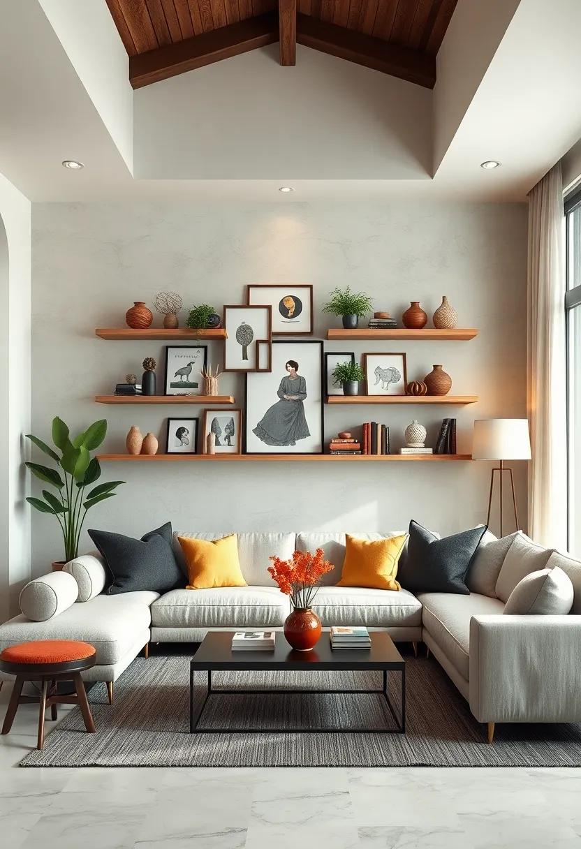 Artful​ Arrangements: Learn to create visual interest in your⁤ living room with⁢ a gallery of floating ‌shelves where art⁣ pieces, books, and decorative‍ items ‍come‌ together harmoniously