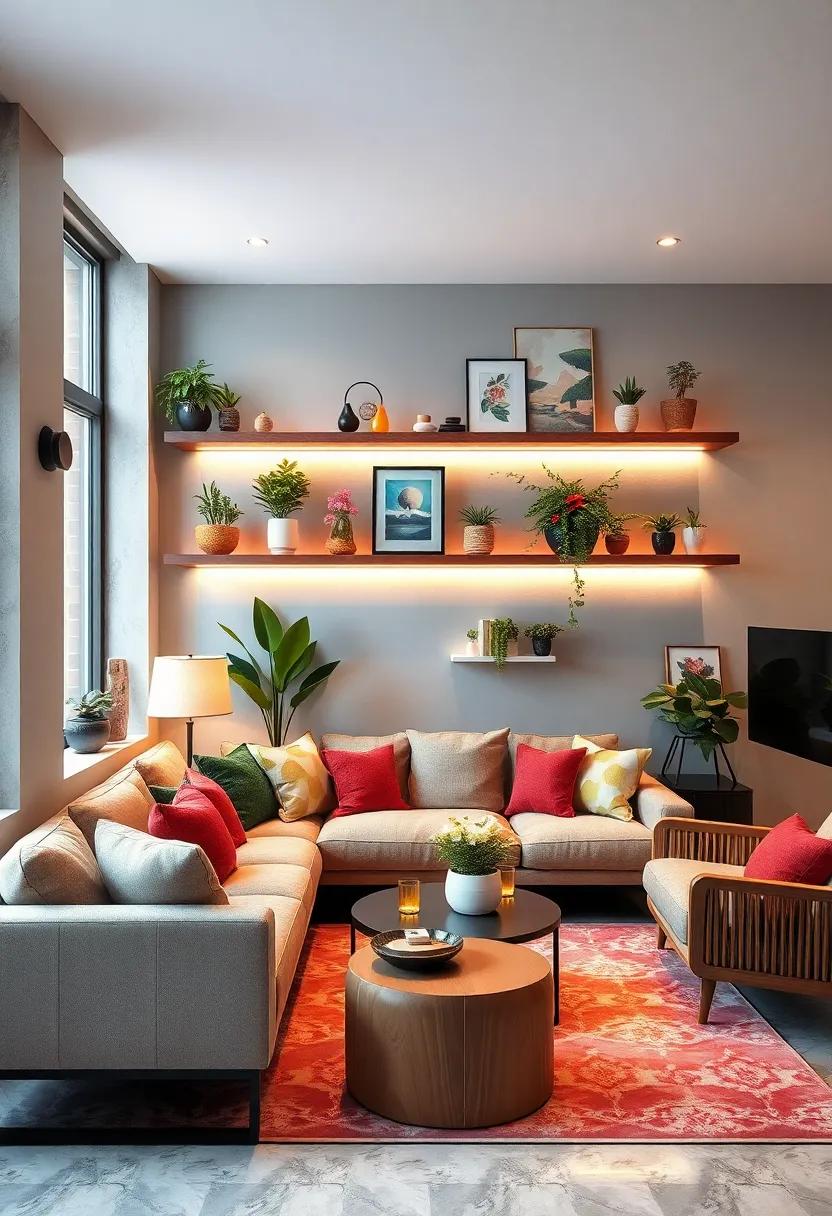 Colorful Accents: Infuse personality‍ into ‍your small living room with vibrant floating shelves that serve ⁣as a backdrop for an ⁤array of colorful⁤ accessories and plants