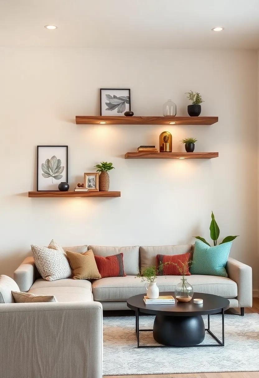 Rustic Charm:⁢ Dive into‌ the warmth of reclaimed wood floating shelves​ that introduce a cozy, ⁤farmhouse feel⁣ to⁤ a ​compact living‍ room without overwhelming the‍ space