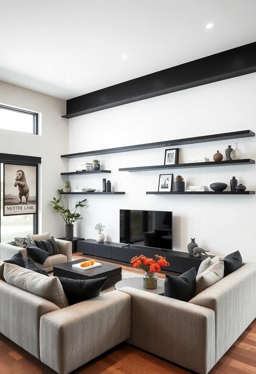 Monochrome Magic: Explore a minimalist design⁢ featuring ⁢sleek black floating shelves that contrast beautifully against white walls,⁤ perfect for showcasing curated decor pieces