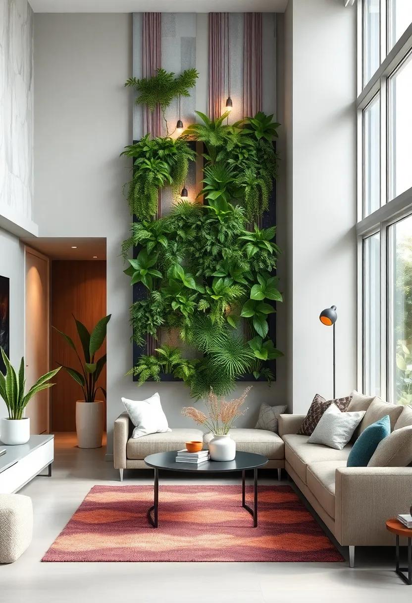 Embrace the vertical garden trend with a sleek wall-mounted plant display,⁢ showcasing an array of cascading pothos ​and⁢ ferns that bring life to a minimalist living room