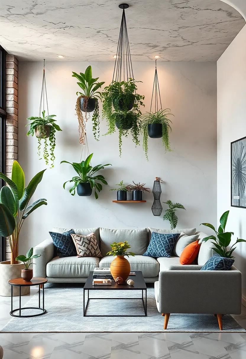 Feature hanging planters from the ceiling ‌to utilize vertical space while introducing interesting shapes and textures, creating an eye-catching focal point above a compact sofa