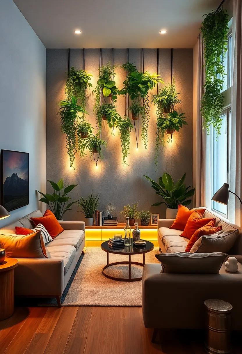 Use diffused lighting with vertical​ plant displays to⁢ create a magical glow in the ​evening, enhancing your living room's mood and inviting a sense of tranquility