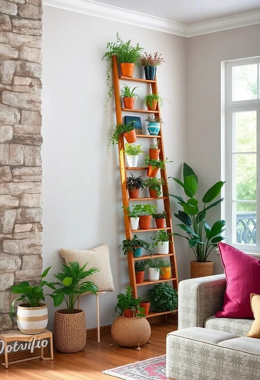 Incorporate a DIY ladder plant stand that leans against a wall, showcasing a tiered arrangement of colorful herbs ‍and‌ decorative pots for a charming cottage feel