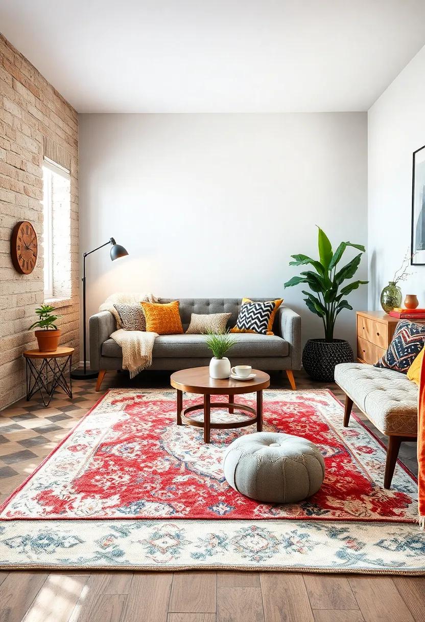 A chic Rug: choose a spirited rug to anchor the room and add warmth, making your space feel cozier and visually appealing