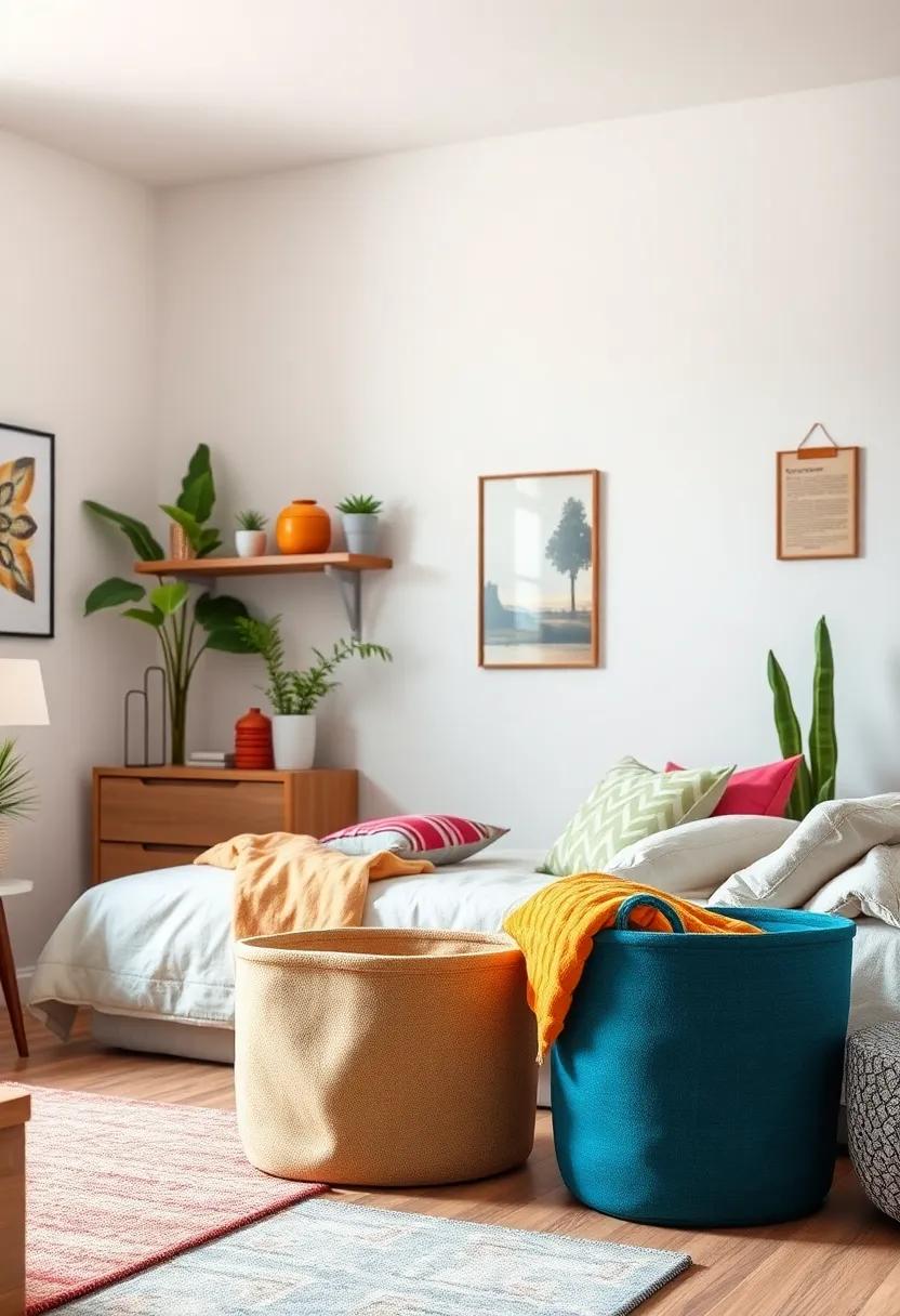 Colorful Storage Bins: Keep clutter at bay with stylish bins that store your belongings while enhancing the room’s decor