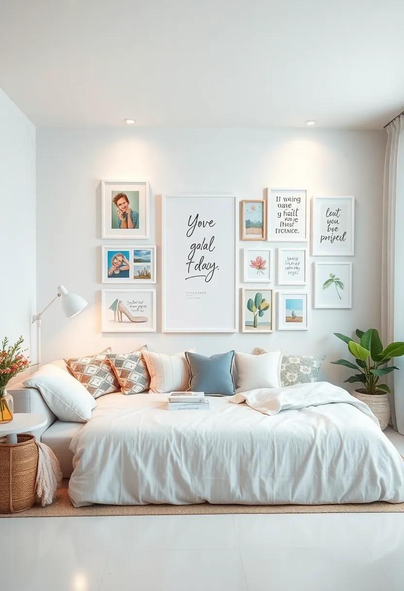 Gallery Wall: Design an inspiring gallery wall using⁢ white frames ⁤to showcase ⁢personal artwork, memories, and favorite‍ quotes