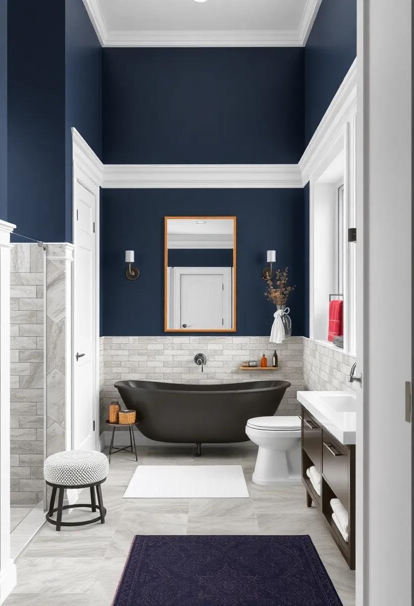 Embrace Elegance: A deep navy blue wall paired with crisp white trim creates ​a sophisticated aura in your bathroom
