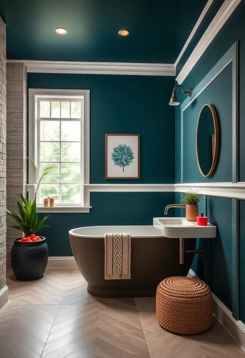 Playful Prints: Select dark teal walls ⁢paired with whimsical ⁣white trim ⁣that features ⁤fun patterns or textures