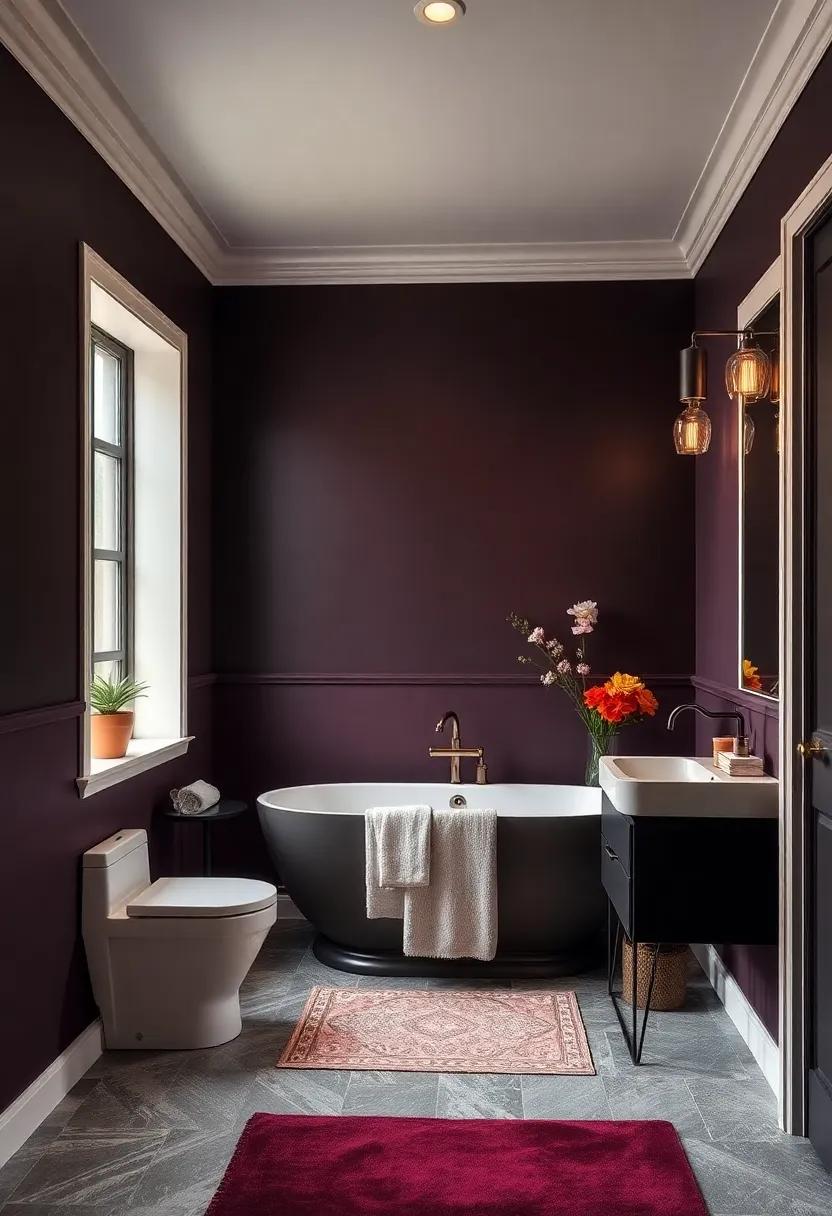 Dark and​ Dramatic: Use deep plum walls and soft ivory trim to add a touch of drama and romance to your bathroom