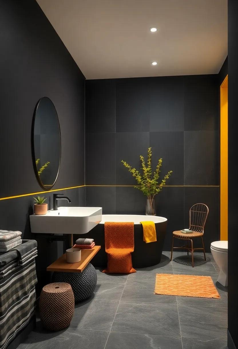 Bold and Bright: Opt for a charcoal gray backdrop with bright yellow accents in the‌ trim to energize the space