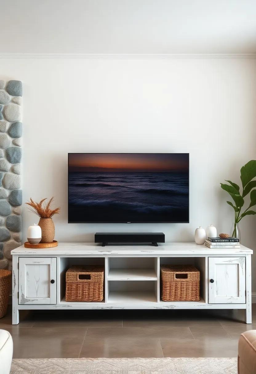 Coastal Charm: ⁤whitewashed⁣ wood and woven baskets create a breezy, beach-inspired look while⁢ providing ​smart storage solutions ‌for all your media gadgets