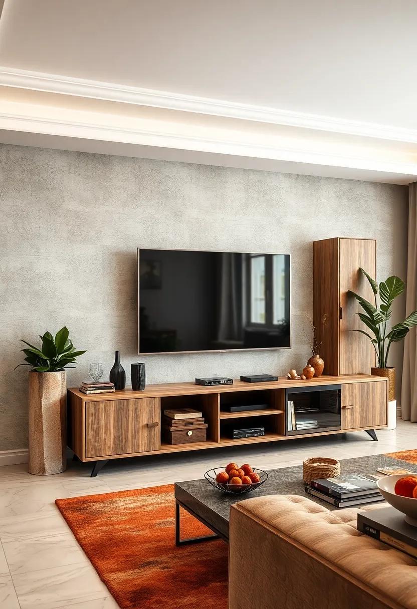 Eclectic ⁤Elegance: A mismatched unit⁤ with different styles and ‍textures, each section‌ designed for both visual interest and functional media storage