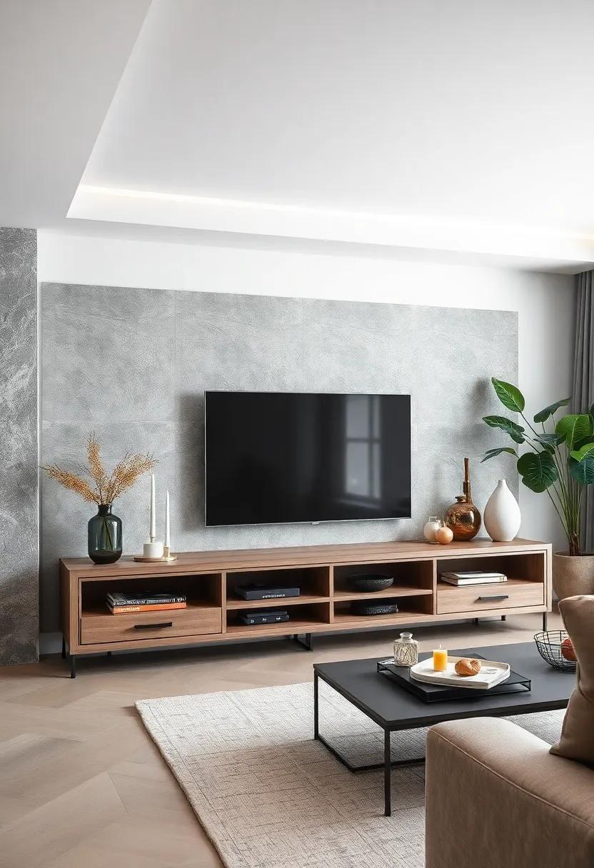 Embrace Minimalism: A⁤ sleek, low-profile TV unit⁢ with open shelving that showcases your favorite decor ⁤pieces while providing hidden compartments for clutter