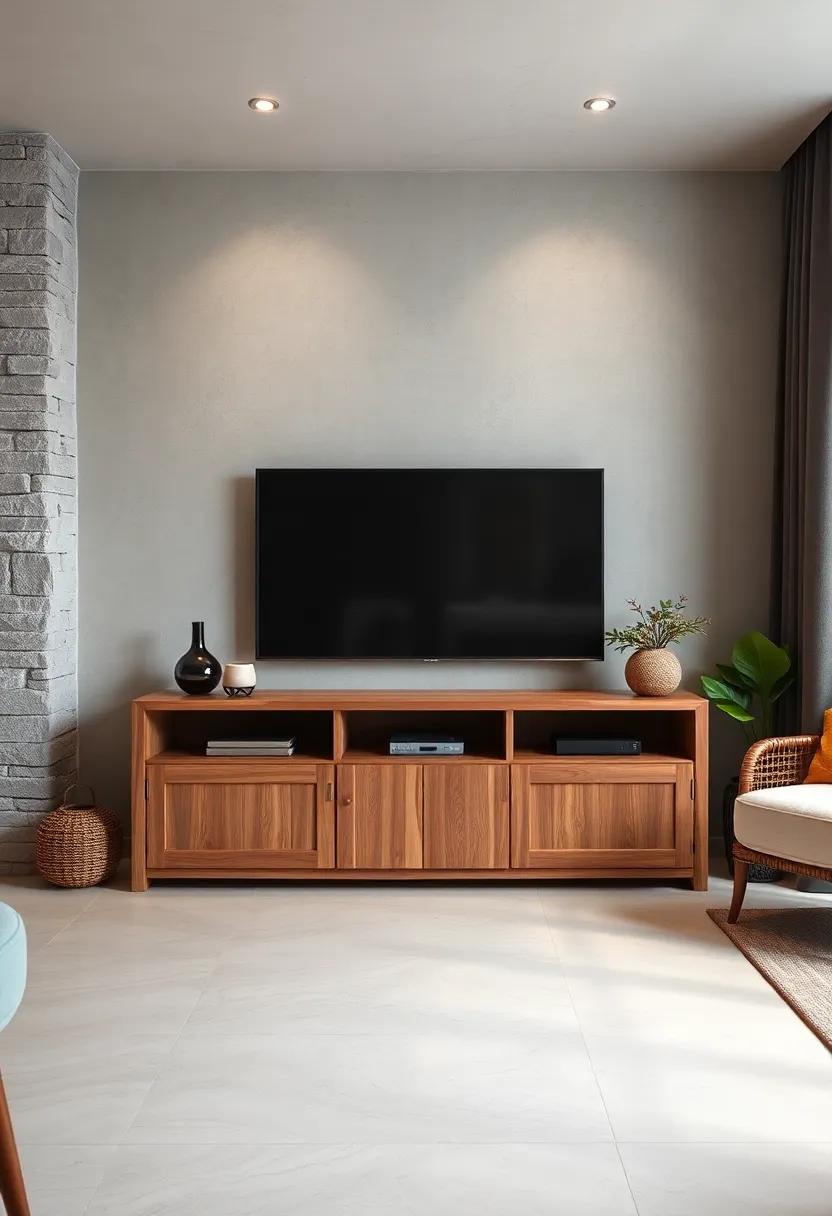 Rustic Retreat: A charming wooden TV unit with‍ natural finishes ⁤and closed storage⁤ that invites a cozy,cabin-like feel ⁤into your living space