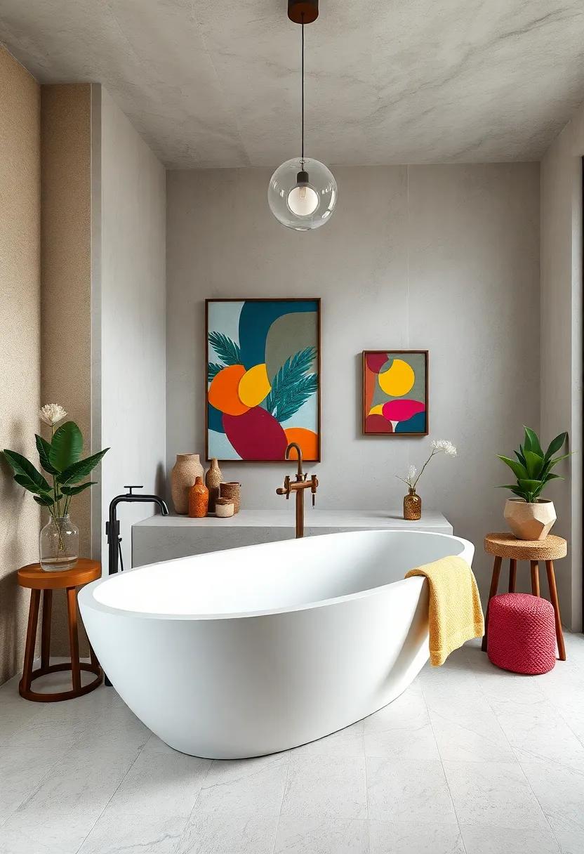Artistic ⁣Escape: A creative space that showcases a⁤ uniquely shaped freestanding tub as ‍a focal point,paired with colorful artwork and‍ eclectic decor for an artistic flair