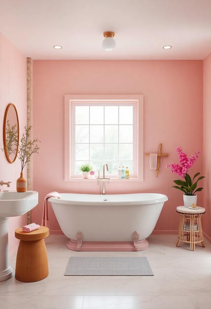Dreamy Pastels: A soft pastel-colored bathroom with a delicate freestanding tub, showcasing dreamy hues and whimsical decor that transform it into ‍a relaxing haven