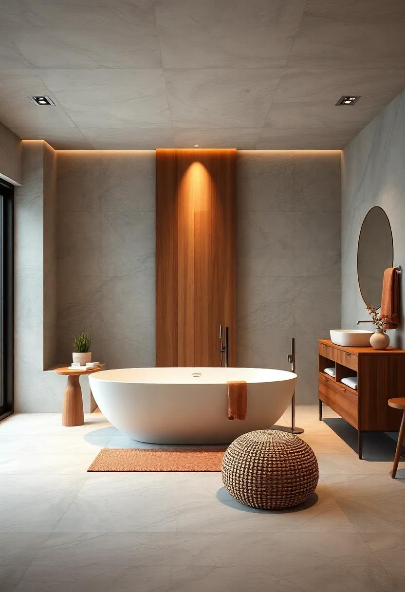 Embrace Elegance: A minimalist bathroom featuring a sleek white freestanding tub surrounded by wood accents,‌ creating‍ a serene escape from‌ the chaos of daily life