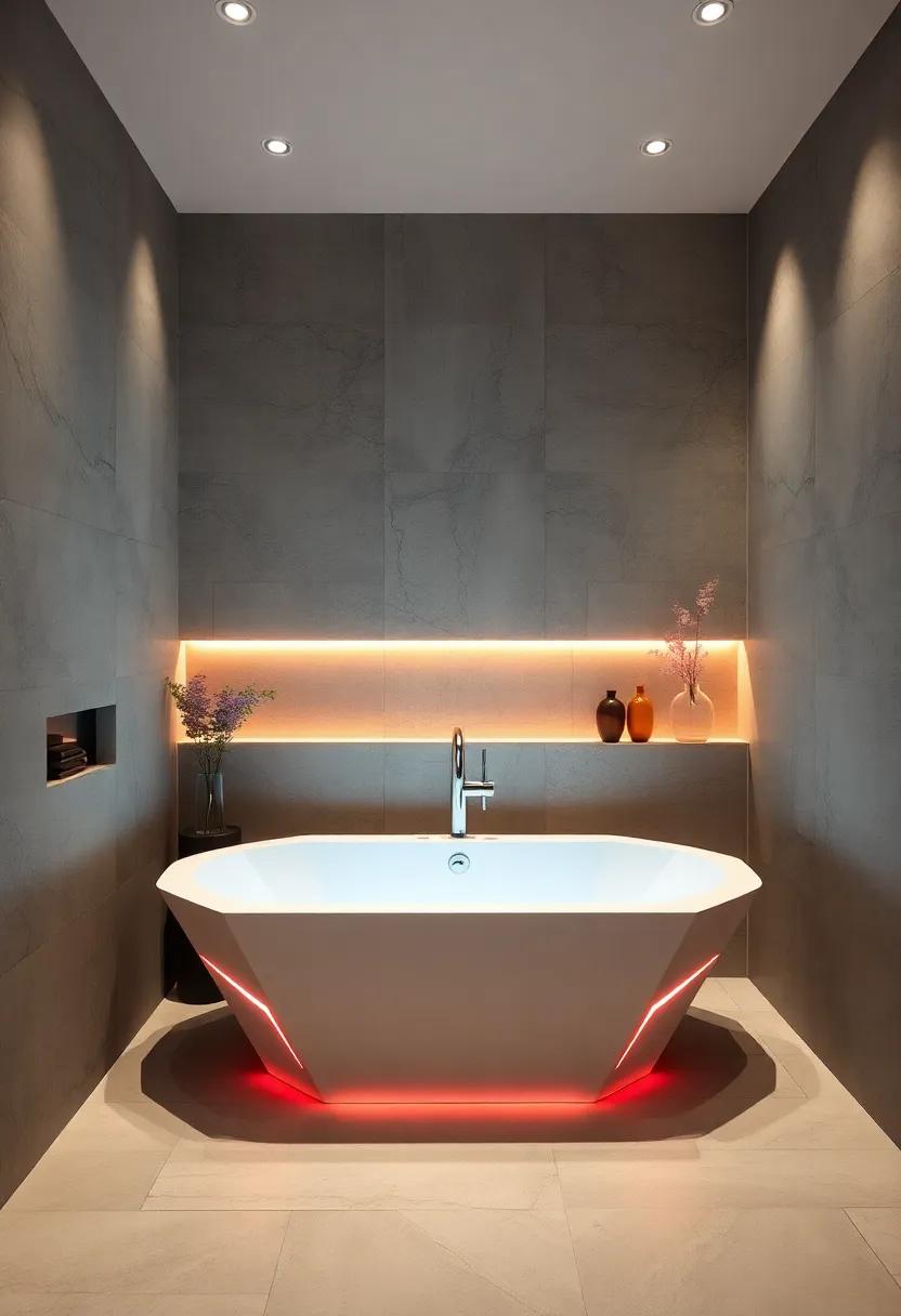 futuristic Flair: ⁣A sleek,futuristic bathroom‍ with⁢ a modern freestanding ⁤tub illuminated by LED lights,accented ​by polished ‌chrome and⁤ angular geometric ⁢designs