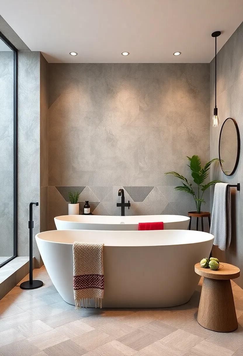 Geometric Inspirations: A contemporary⁤ bathroom with a freestanding tub set against ‍a bold geometric tile backdrop that adds visual​ interest and modern​ flair