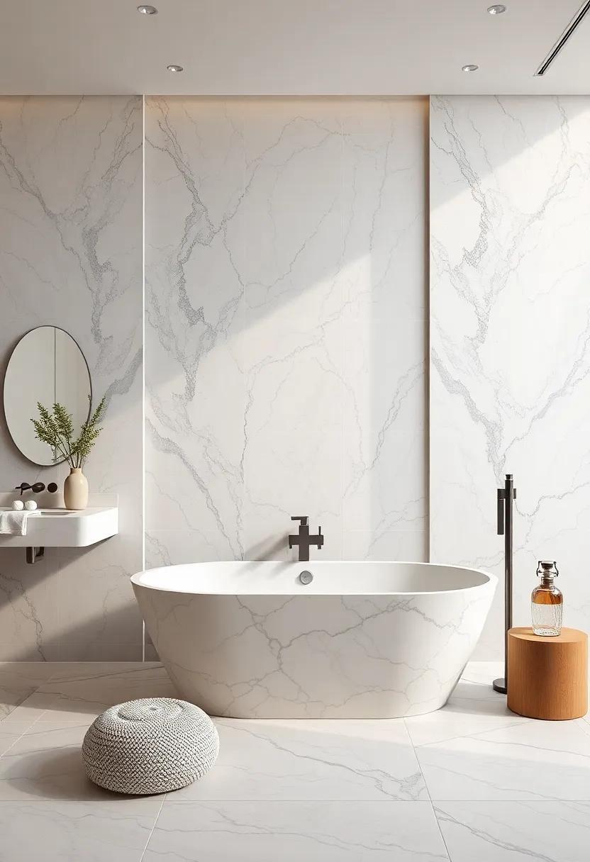 Modern Marbles: A luxurious design that incorporates a⁤ striking marble freestanding‍ tub,set against a​ backdrop of large-format marble‌ tiles for a high-end spa feel