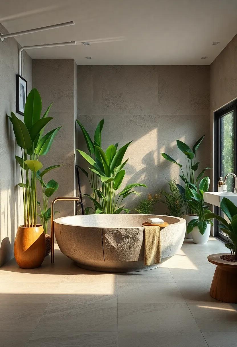 Nature's Touch: ⁣An⁤ organic bathroom design ‍that‌ incorporates ⁤a ‌freestanding​ tub ⁣made of ​natural stone, ‌set ⁤amidst lush greenery⁣ for⁤ a refreshing ‍indoor garden getaway