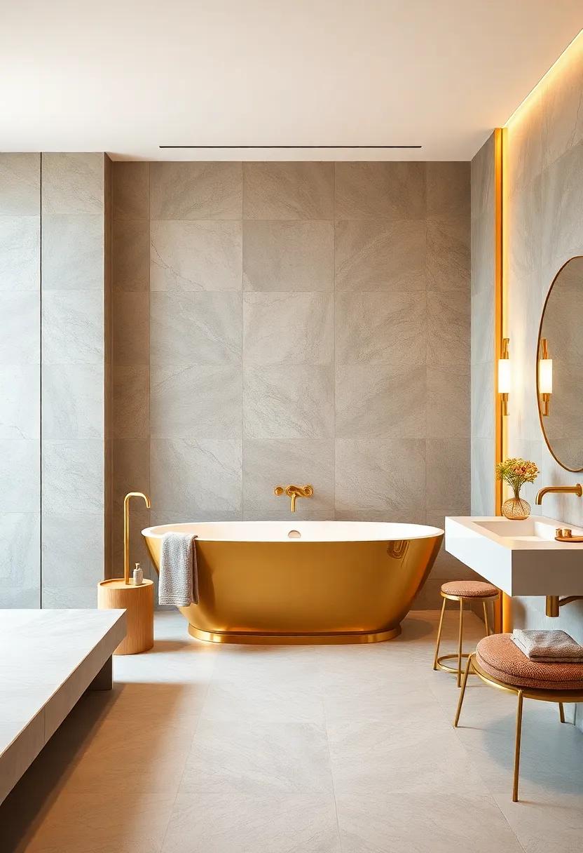 Opulent Golds: A stunning‍ bathroom that features a gold-accented freestanding tub, exquisite lighting,‌ and plush textiles for an ‍atmosphere of luxury and indulgence