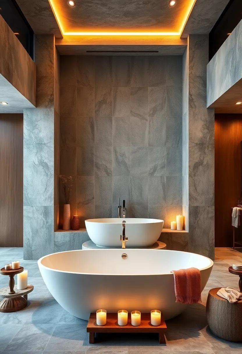 Spa⁣ Retreat: An opulent spa-like bathroom that features a large freestanding tub ⁢surrounded by candles and‌ soft textiles for a ​serene, relaxing atmosphere