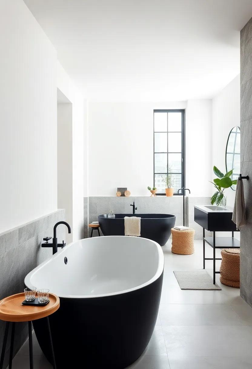 Urban Oasis: ‍A chic ⁢city apartment featuring a black freestanding⁢ tub that contrasts beautifully with bright white ​walls and an industrial-style window, creating a ​trendy retreat