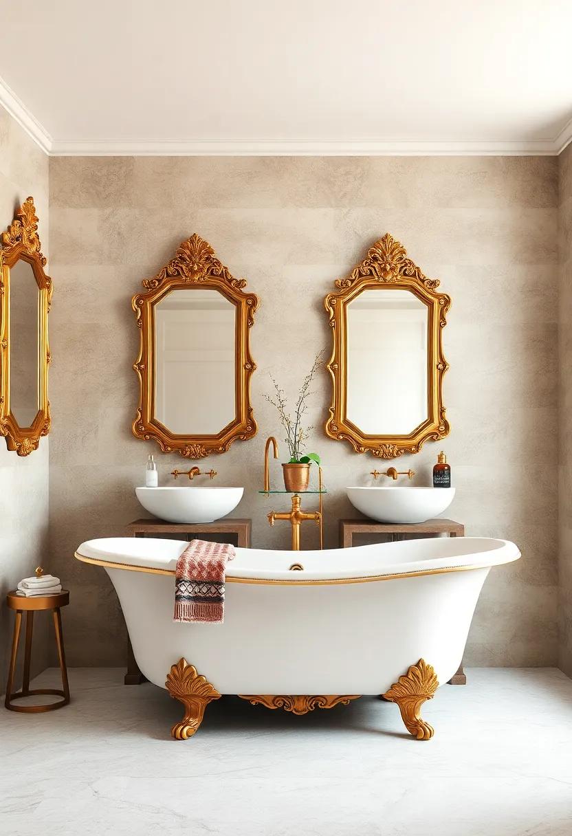 Vintage Glamour: A ⁤stylishly curated‍ bathroom with an ornate freestanding tub, surrounded by gold fixtures and ⁢antique mirrors, evoking a sense of timeless luxury
