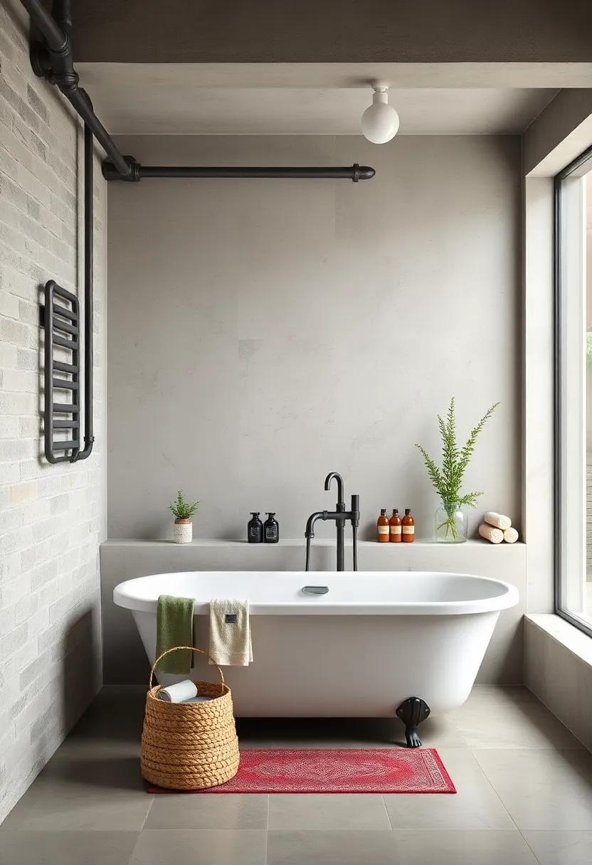 Vintage ⁣Industrial: An‌ industrial-chic bathroom with a vintage-style freestanding‌ tub, paired with exposed pipes and raw materials⁤ for a unique and rugged ‍appeal