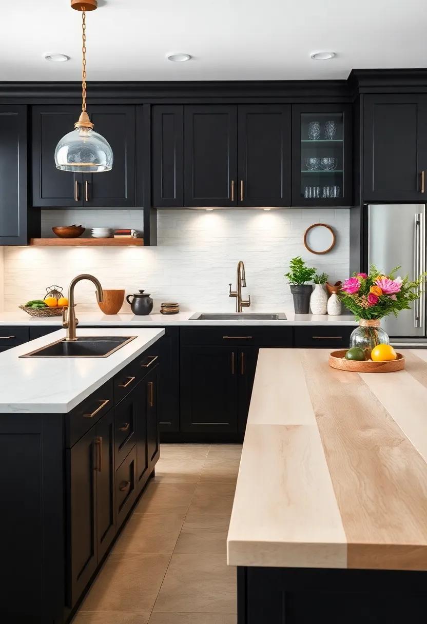 contrast with crisp White: Pair black cabinets with a striking white wood countertop for a classic,timeless look that highlights the richness of both elements