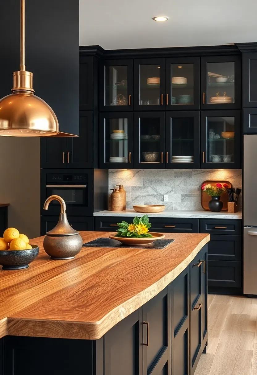 Narrow Cuts: Utilize narrow planks of wood for a countertop, offering a modern look while also keeping the visually heavy black cabinetry in check
