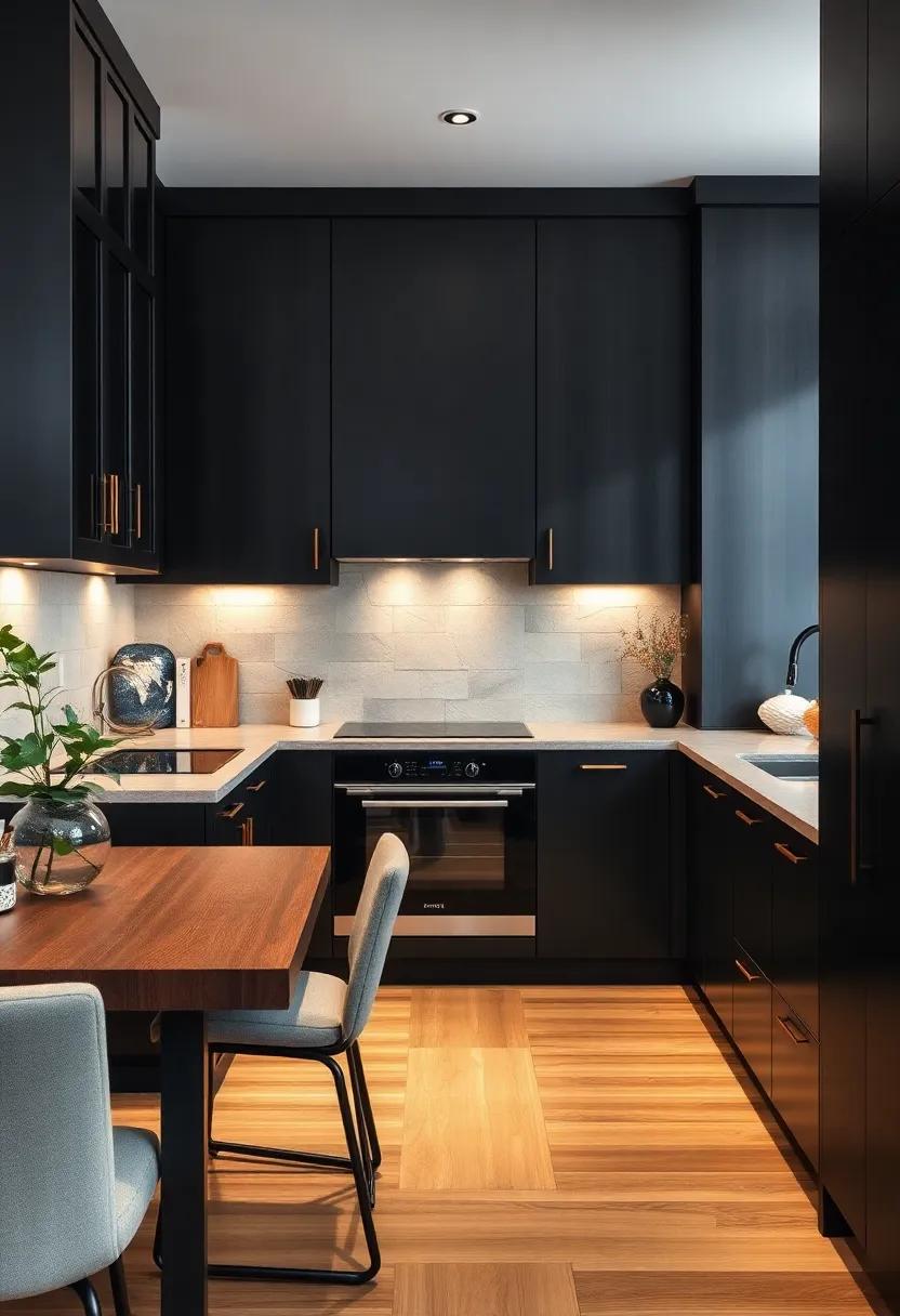 High Shine Finish: Incorporate a high-gloss wood finish that reflects light, bringing a touch of luxury and making the black cabinets pop even more