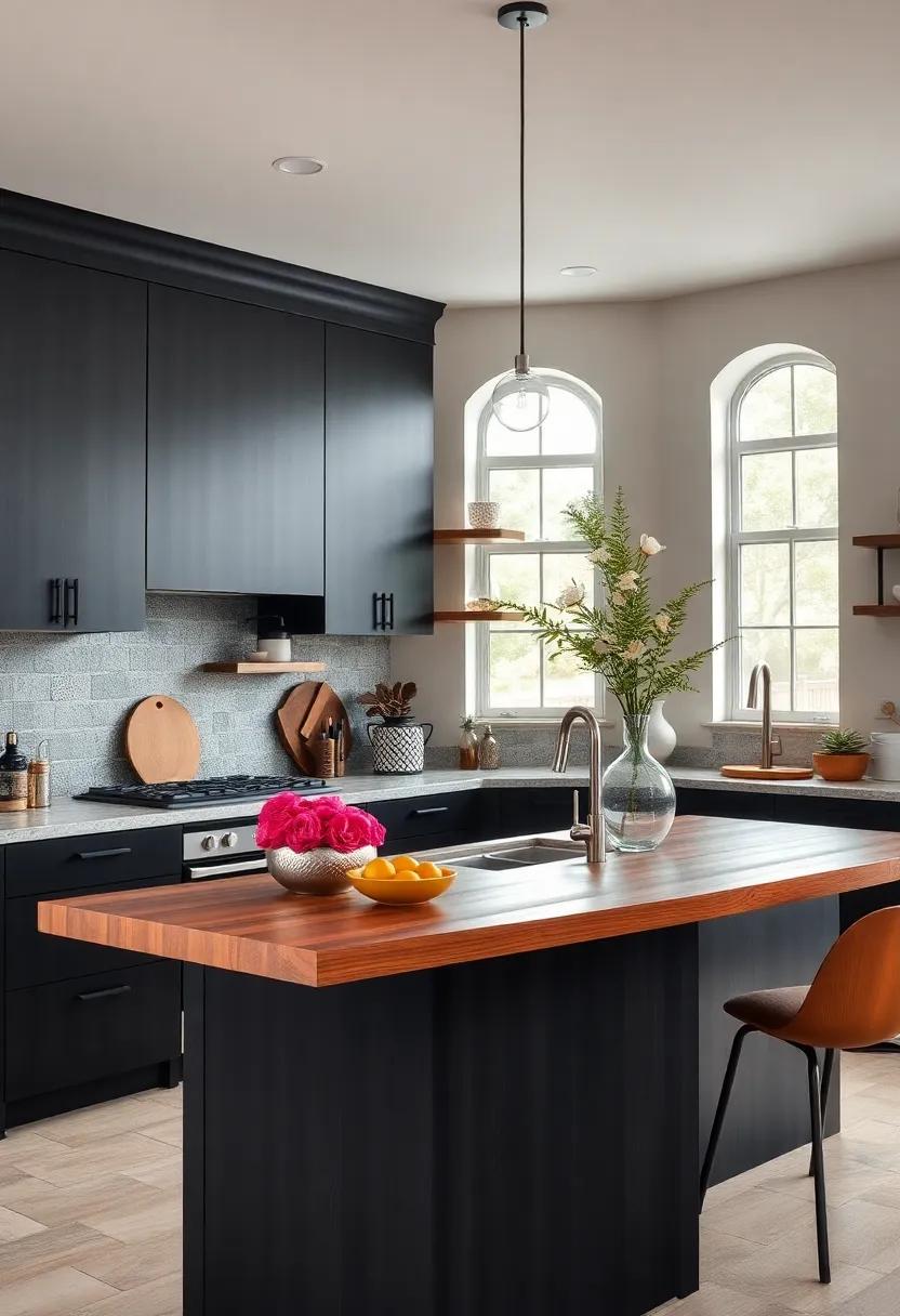 Monochromatic Harmony: Use a black-stained wood countertop to maintain a monochromatic color scheme, offering a seamless look that's both modern and cohesive