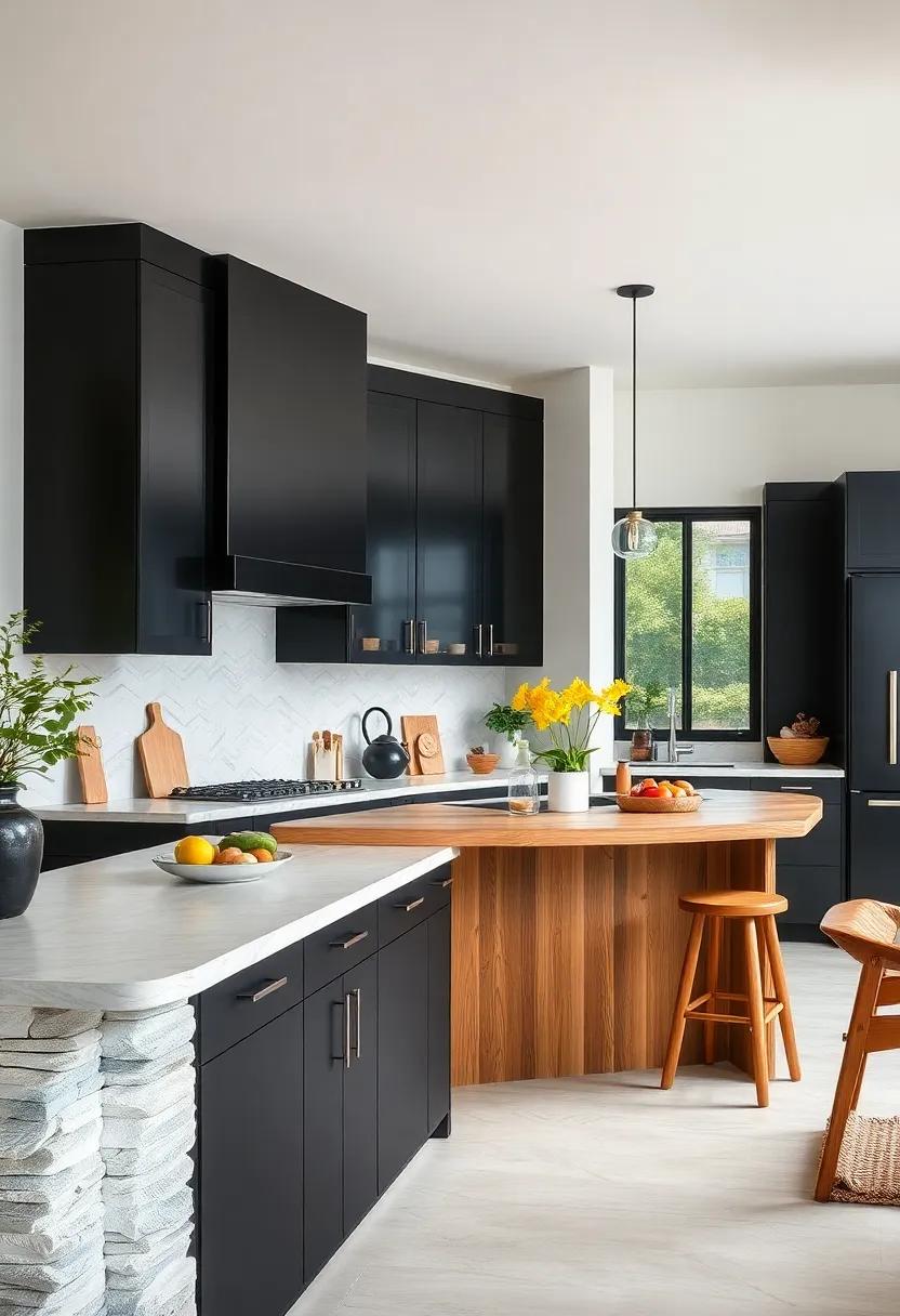 Visual Balance: Offset the boldness of black cabinets with lighter, sanded wood that provides a balanced aesthetic, creating harmony within the kitchen