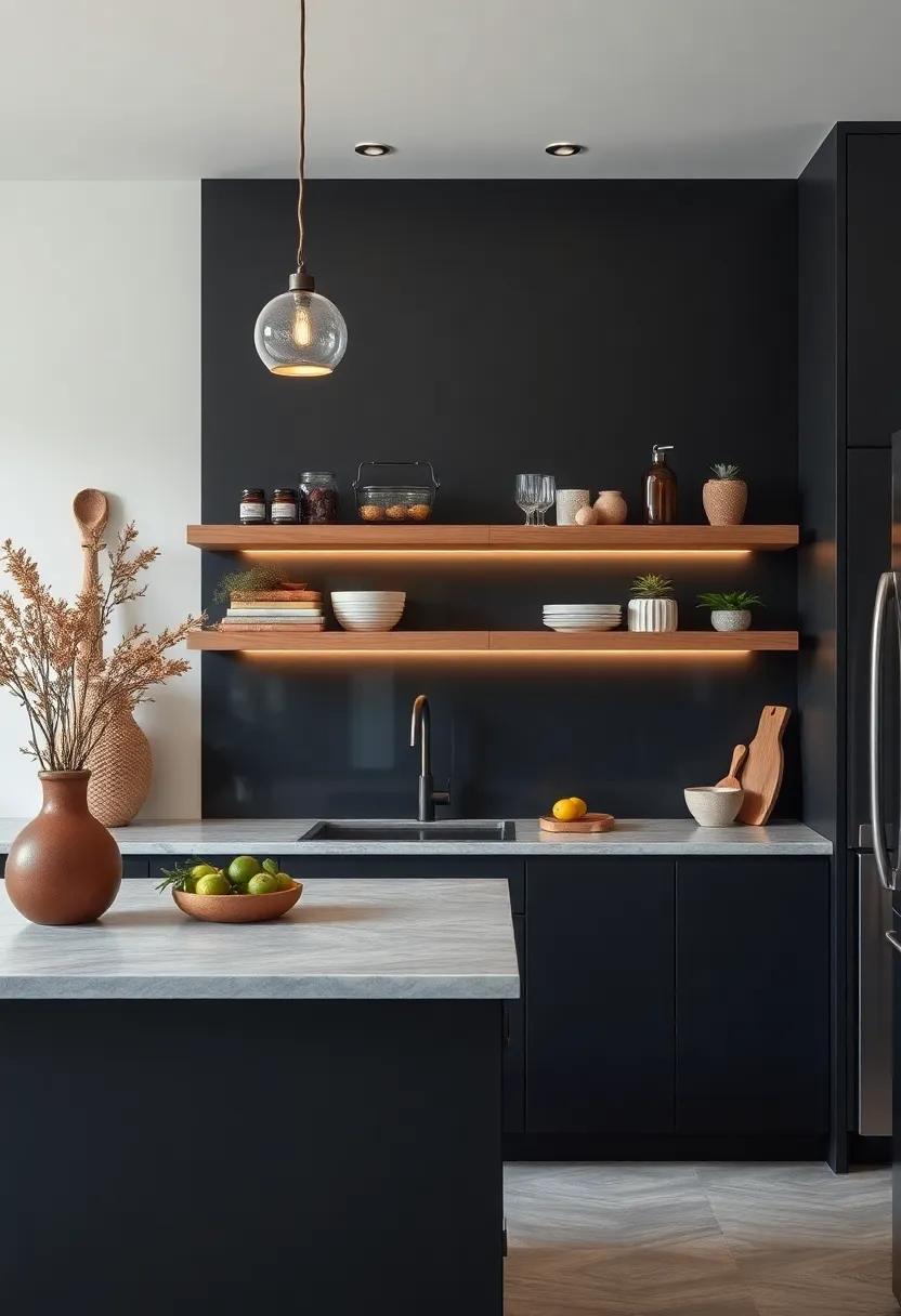 Floating Shelves: Complement black cabinets with wooden floating shelves that match the countertop, introducing continuity and a touch of modern artfulness