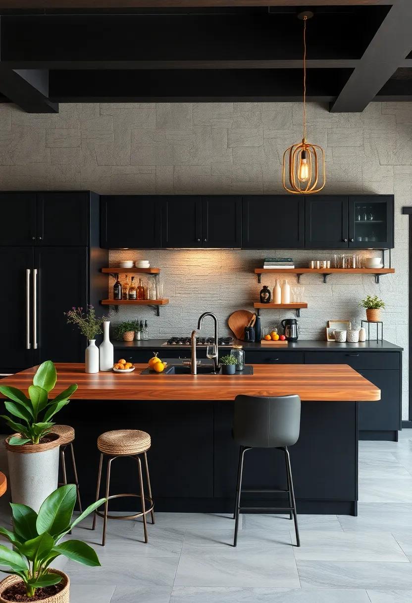 Stylish Bar: Create a wood bar top over your black kitchen cabinets, delivering a stylish space for entertaining that invites conversation and connection