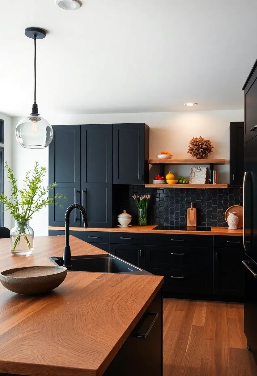 Embrace Natural Grain: Choose a wood countertop with prominent grain patterns to add texture and visual interest, creating a stunning focal point against sleek black cabinetry