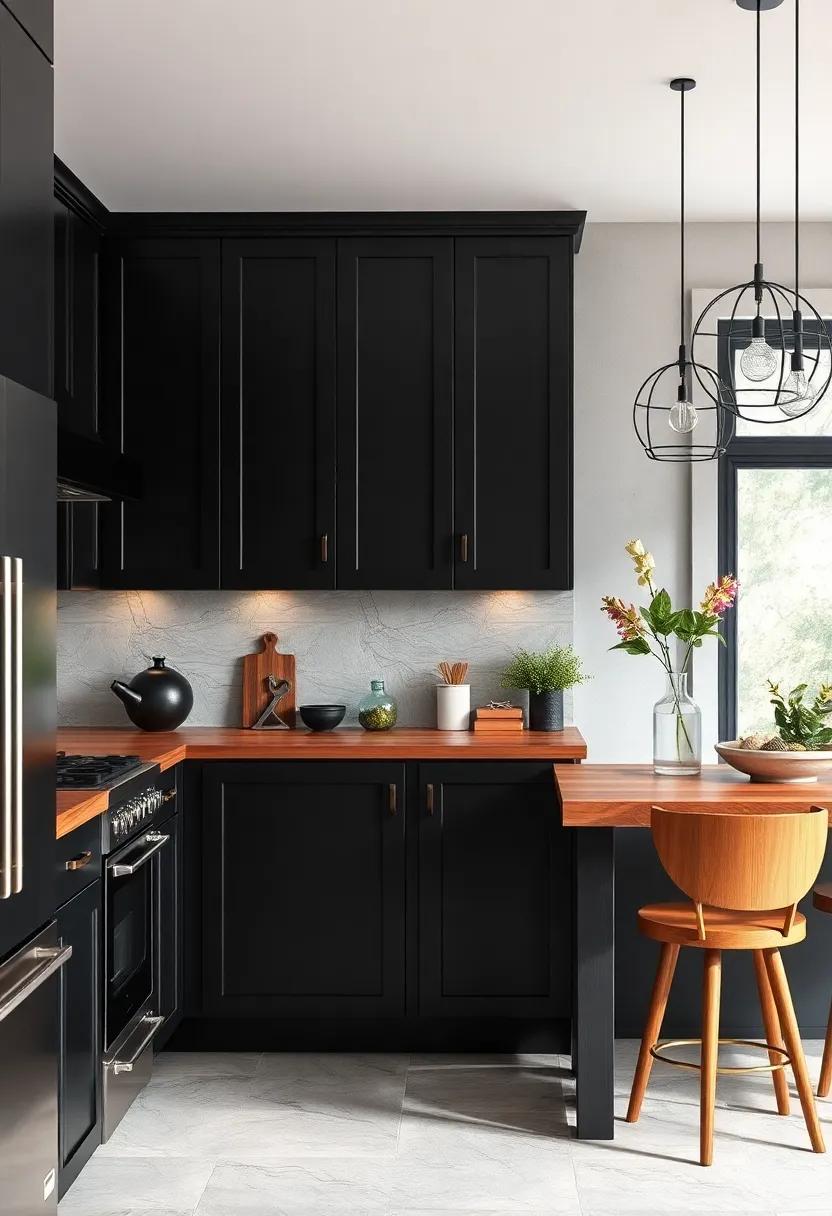 Mixed Materials: Combine black cabinets with a wood countertop that features metallic elements or resin accents for a contemporary twist on traditional elegance