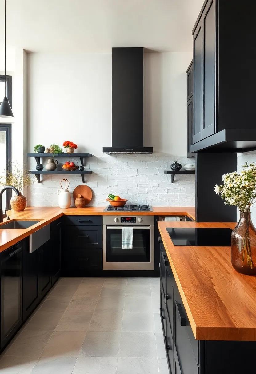 Two-Tone Delight: create a two-tone effect by pairing lighter wooden countertops with black upper cabinets for visual contrast and added depth